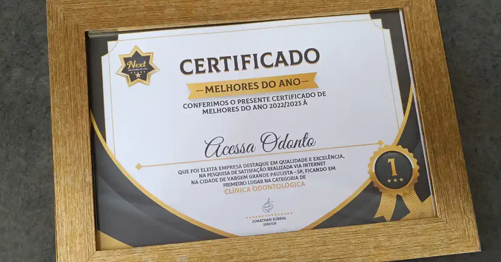 Certificado do Prêmio de Melhor Clínica Odontológica de 2023 em Vargem Grande Paulista