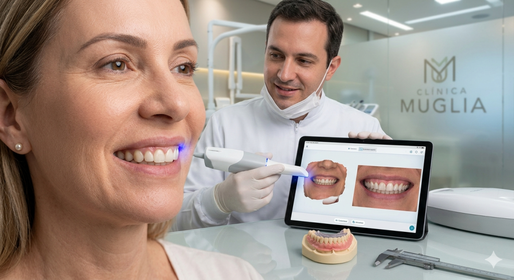 Moça com sorriso gengival e Prof. Dr. Rafael Muglia com scanner intraoral planejando cirurgia plástica gengival (Gengivoplastia)