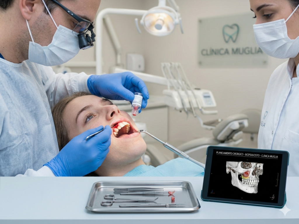 Dentista em procedimento de cirurgia para biópsia e remoção de cisto na Clínica Muglia, com planejamento digital em tablet.