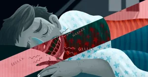 Ilustração de pessoa dormindo protegida por placa miorrelaxante personalizada para tratamento de bruxismo na arcada superio