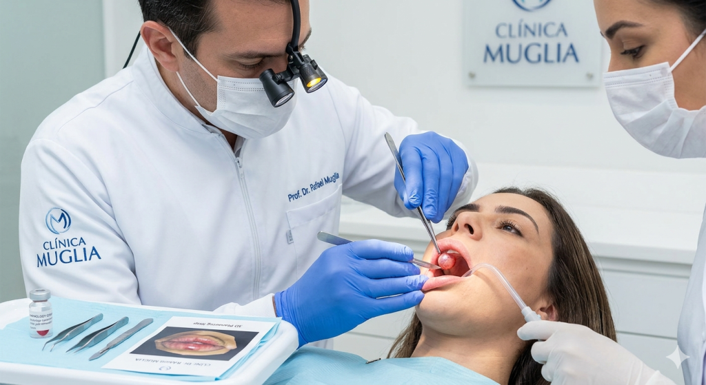 Prof. Dr. Rafael Muglia em procedimento de cirurgia de precisão em tecidos moles na Clínica Muglia.
