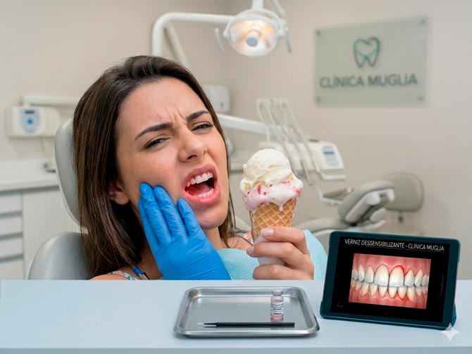 Paciente com expressão de dor aguda ao tentar comer um sorvete, segurando o rosto com sensibilidade, dentro do consultório da Clínica Muglia.