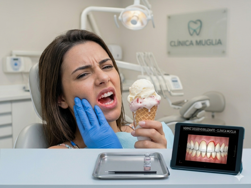 Periodontia 4 Paciente com expressão de dor aguda ao tentar comer um sorvete, segurando o rosto com sensibilidade, dentro do consultório da Clínica Muglia.