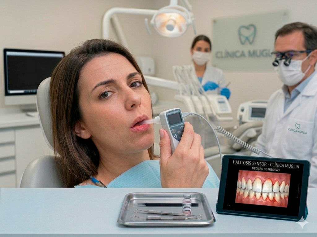 Periodontia 5 Paciente realizando exame de halitometria com sensor digital na Clínica Muglia para diagnóstico preciso de mau hálito.