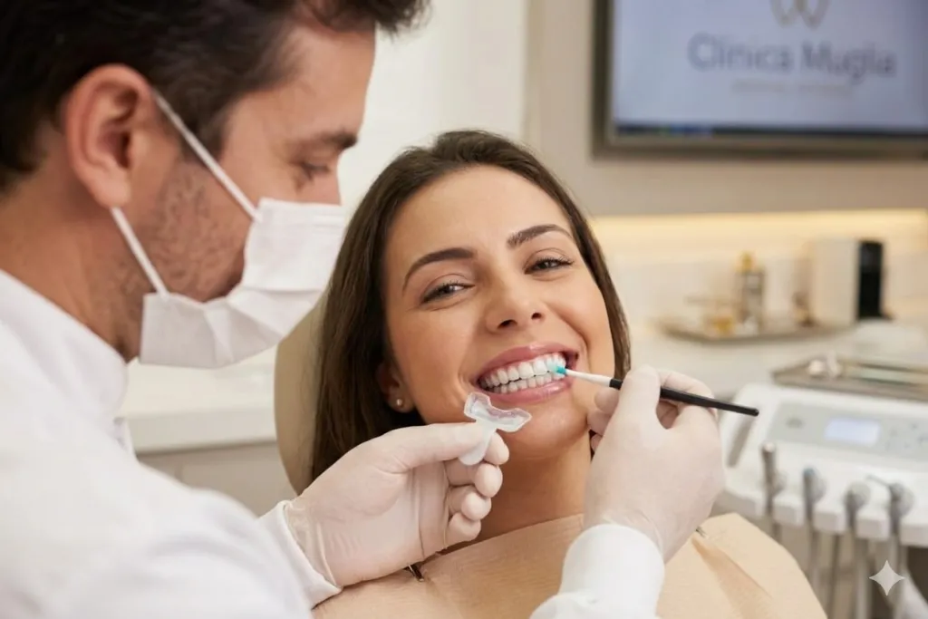 Aplicação profissional de flúor em paciente na Clínica Muglia para prevenção de cáries e fortalecimento do esmalte.