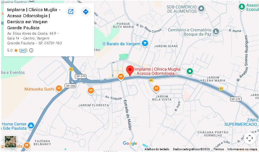Mapa da cidade com o marcador do Google apontando a clínica que tem média de 5 estrelas com mais de 245 votos sendo 243 5 estrelas e 2 de 4 estrelas. 
